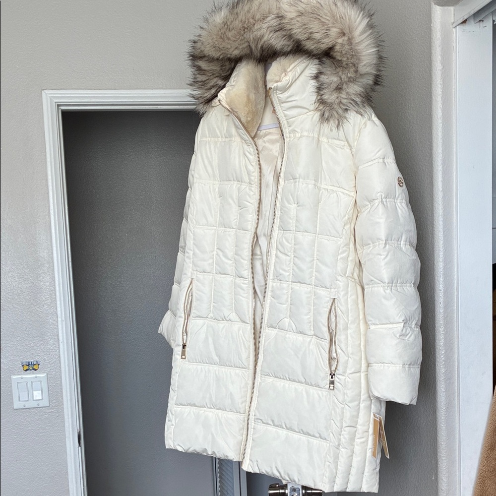 Michael Kors Collection Off-White Puffer Coat with Fur Hood
